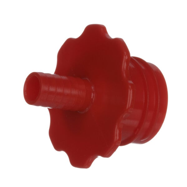 A close-up of a red plastic Lancer Coke sanitizing adapter with a nozzle.