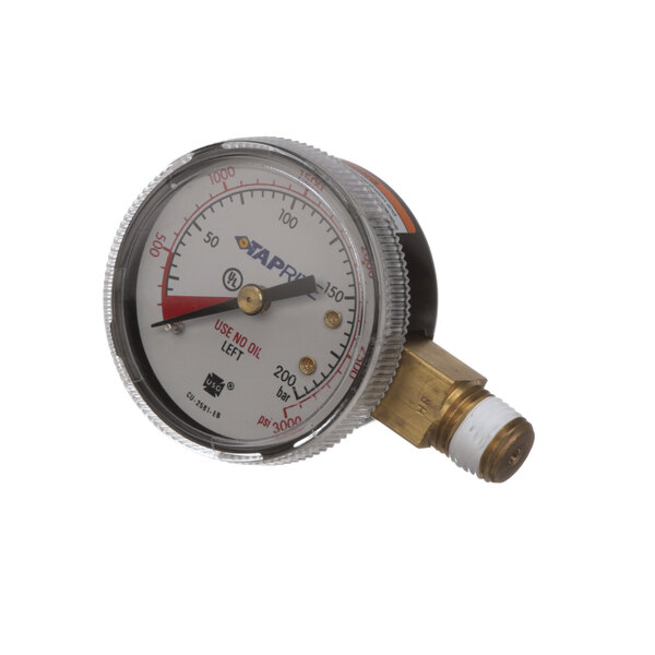 A close-up of a Multiplex pressure gauge with a left hand reading.