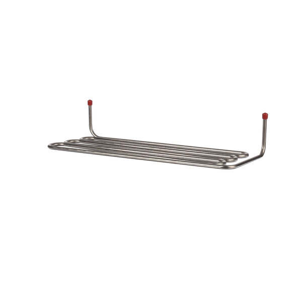 A metal object with metal rods and red handles.