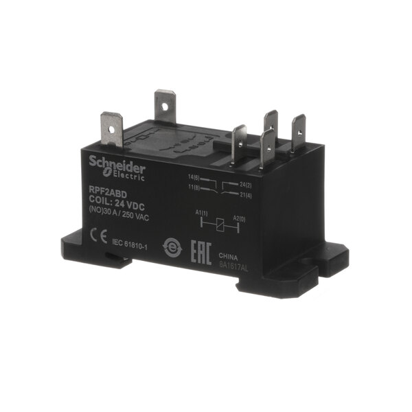 A black Franke Foodservice Systems Inc relay with white text and two wire connectors.