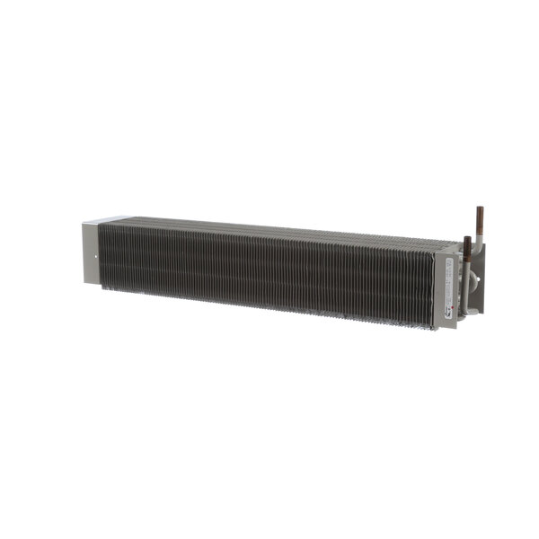 A coated metal evaporator coil with rectangular fins.