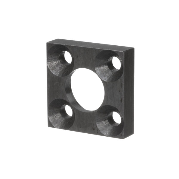 A black square metal piece with holes.