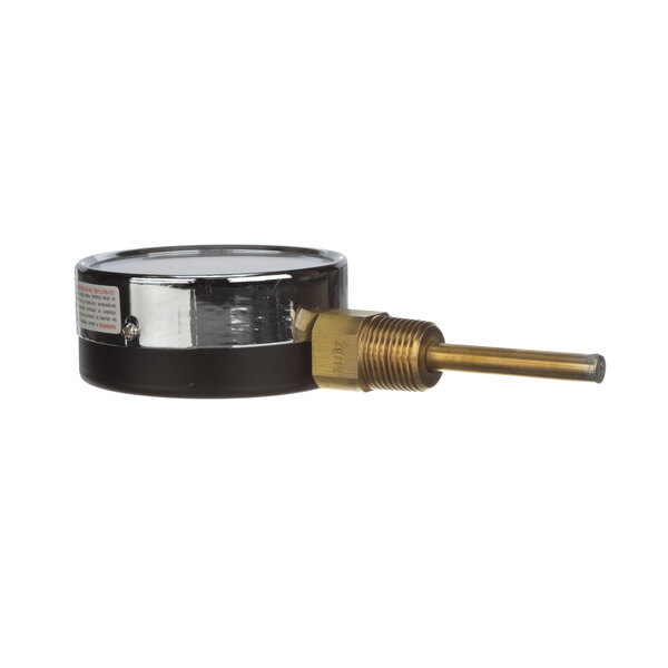 A black and gold Hubbell temperature and pressure gauge with a brass handle.