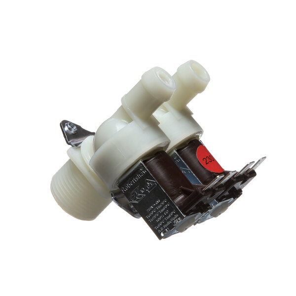 A white plastic Alto-Shaam solenoid valve with metal parts and two white plastic tubes.