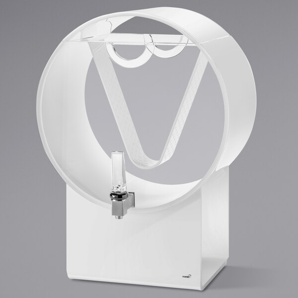 A white acrylic barrel beverage dispenser with a circle in the middle.