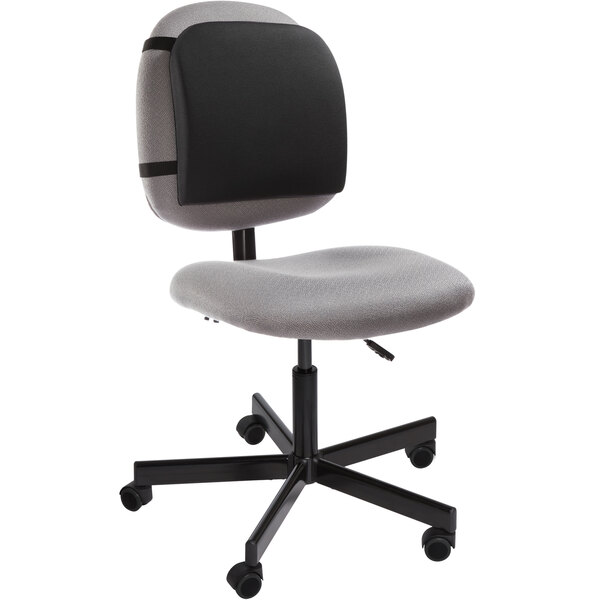 A grey office chair with a black backrest.