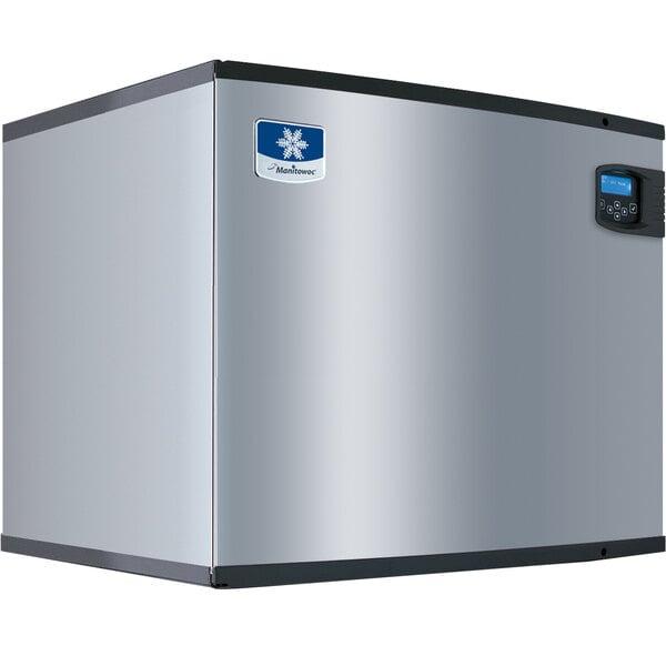 A silver Manitowoc Indigo Series ice machine with blue buttons and a blue logo.