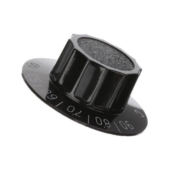 A black plastic knob with white numbers on it.