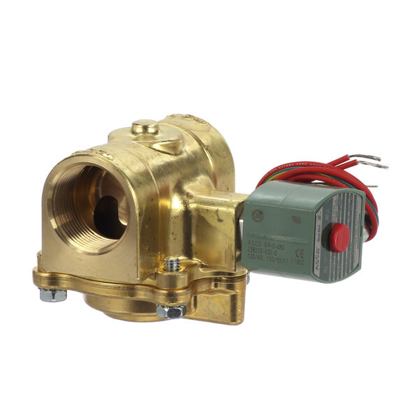 A brass Gaylord water valve with a red wire.