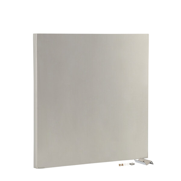 A white rectangular metal door with metal pieces on the corners.