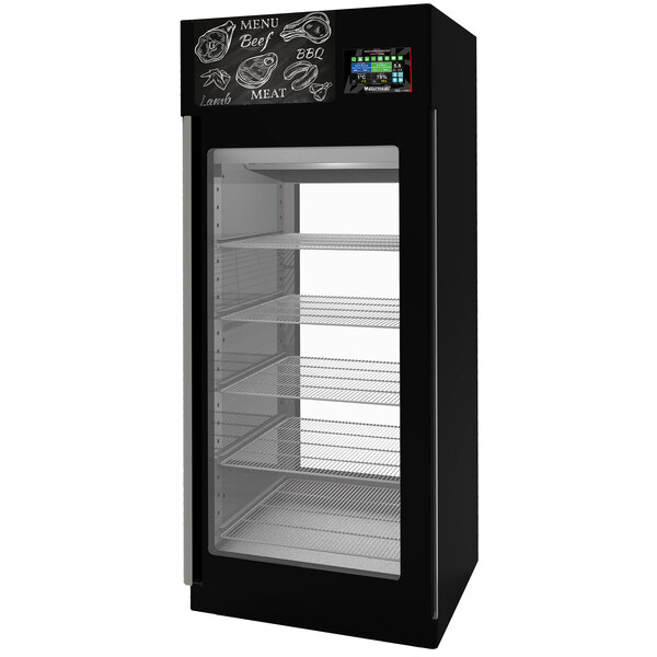 A black refrigerator with glass shelves.