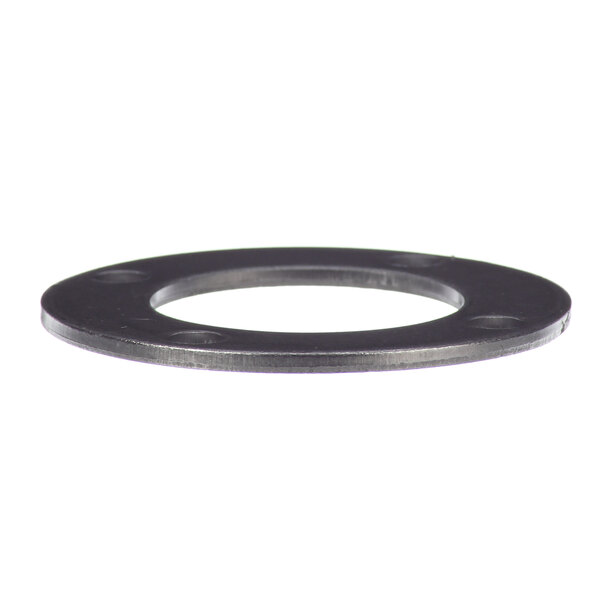 A close-up of a black steel washer with a round shape.