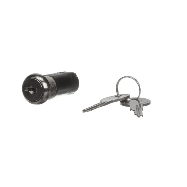 A black key with a black plastic cap on a key chain