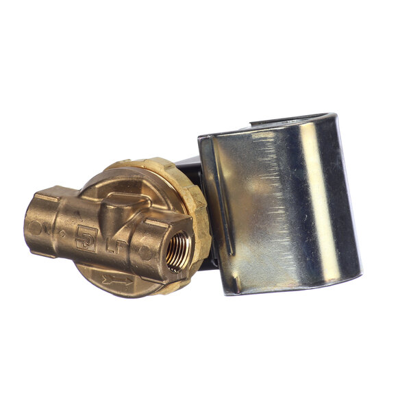 A close-up of a Hobart brass solenoid valve.
