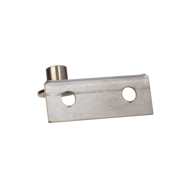 A stainless steel Gaylord right side door hinge with holes.
