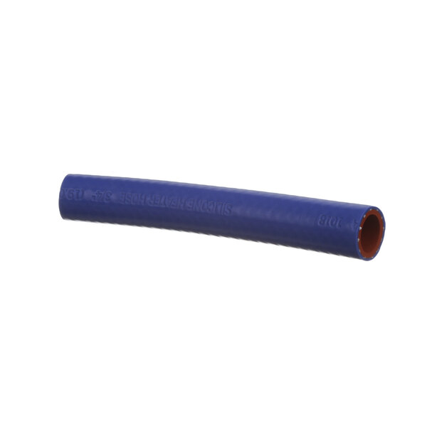A blue dishwasher hose with orange and red ends and text on it.