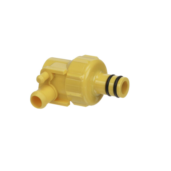 A yellow plastic Slim Line check valve with black and white connectors.