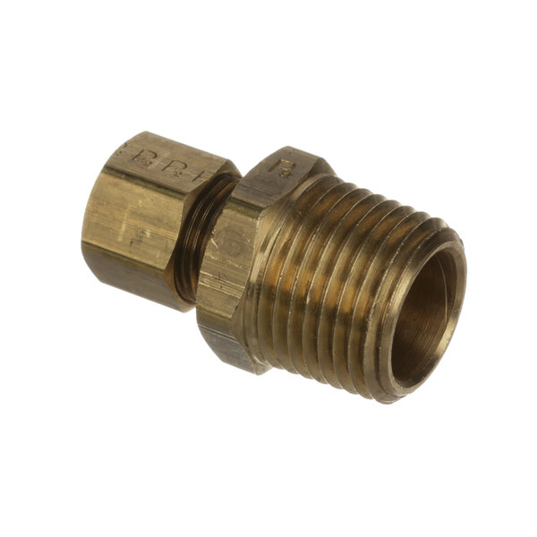 A close-up of a brass threaded male connector for a Duke gas valve to burner supply.