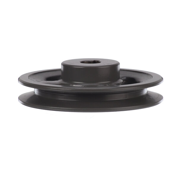 A black Centrimaster fan sheave/pulley with a hole in the center.