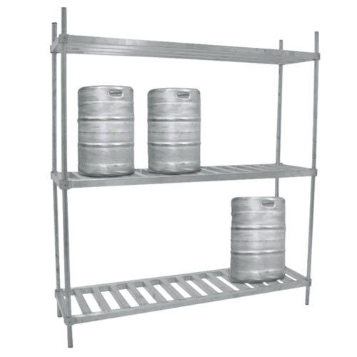An Advance Tabco metal keg rack holding three kegs.
