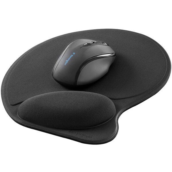 A black computer mouse on a black foam mouse pad with a wrist rest.