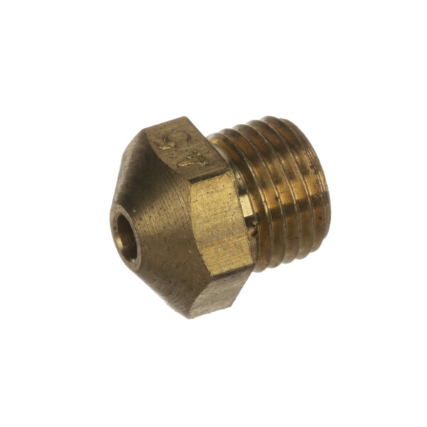 A close-up of a brass threaded pipe fitting with a brass nut.
