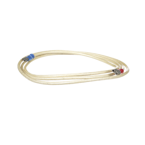 A white cable with blue and red connectors.