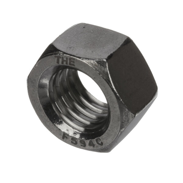 A close-up of a stainless steel hex nut with a black finish.