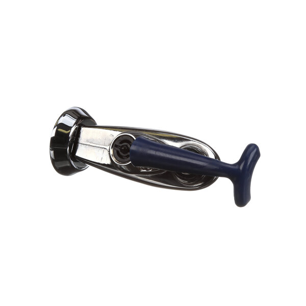 A Lancer water valve with a blue and black plastic handle.
