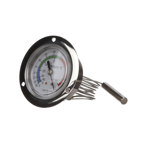 A Southern Fixtures round dial thermometer with a metal rod and wire.