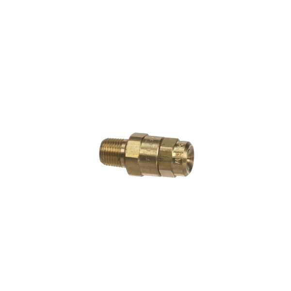 A brass threaded connector on a white background.