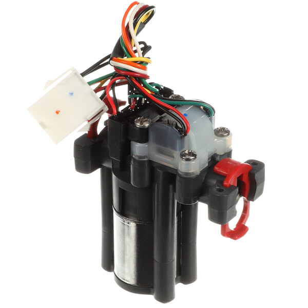 A black and silver Lancer water valve assembly with wires.