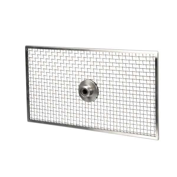 A metal grid with a stainless steel mesh screen and a hole in the center.