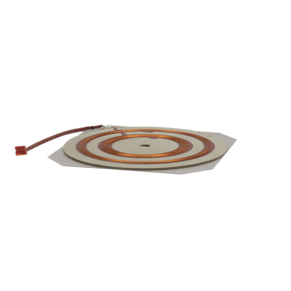 A white circular disc with a red and orange stripe and wires.