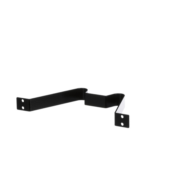 A pair of black metal brackets with white strips.