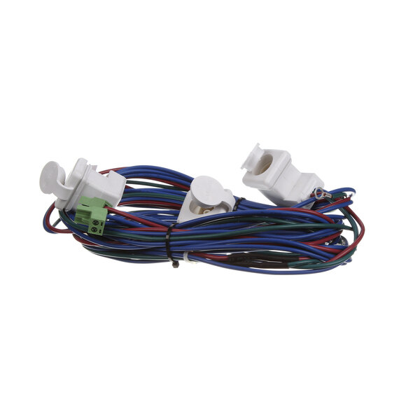 A white Hussmann 3 plug receptacle harness with a bunch of colorful wires.