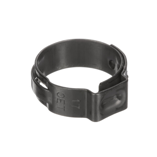 A black metal Oetiker hose clamp with text on it.