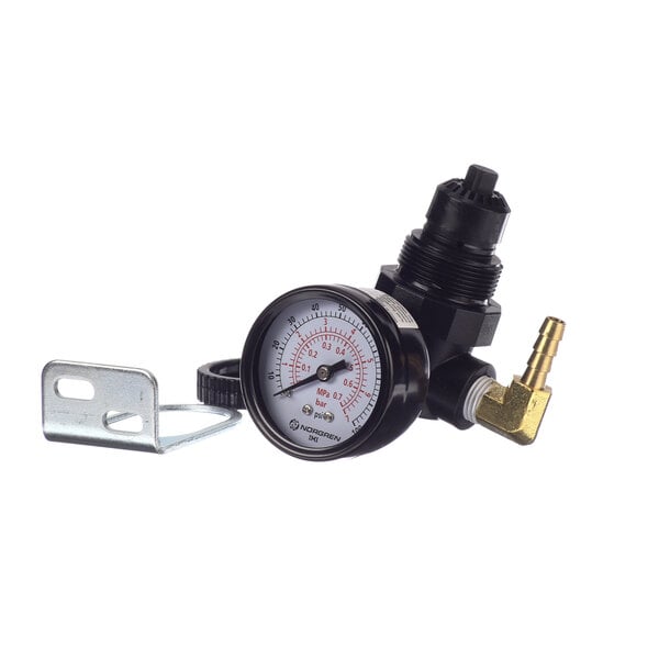 A brass pressure gauge with a black hose and a metal bar.