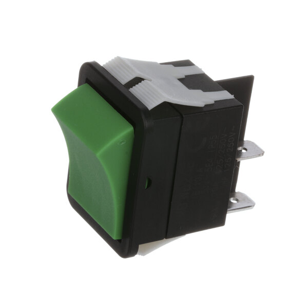 A green and black Alliance Laundry rocker switch with white accents.