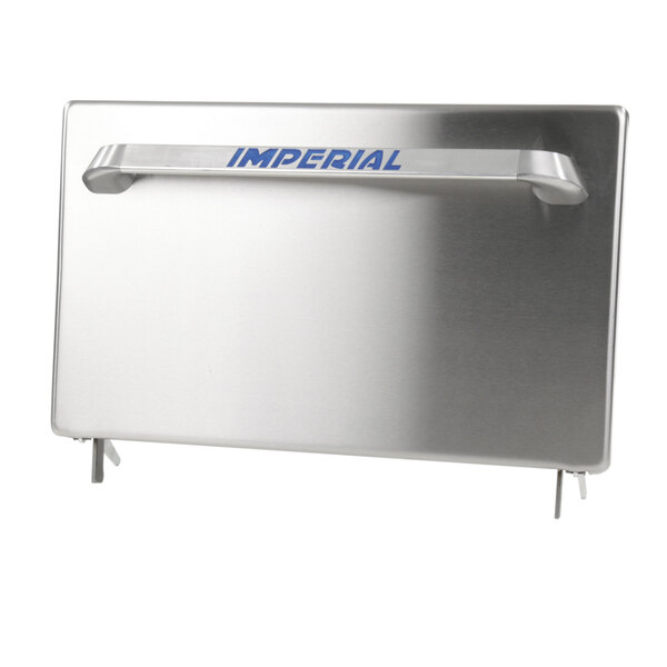 An Imperial stainless steel dishwasher door with a blue handle.