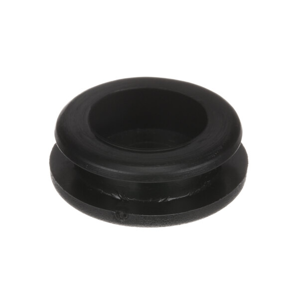 A close-up of a black rubber Beverage-Air lid plug with a hole in the middle.