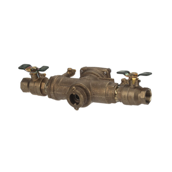 A close-up of a Gaylord brass back flow preventer valve with two brass handles.