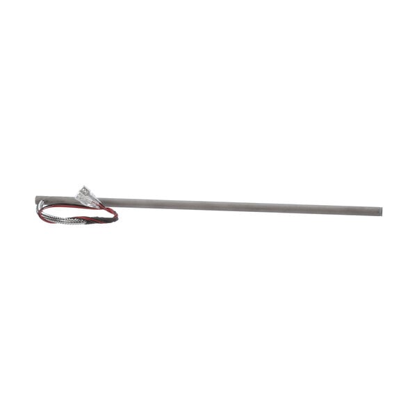 A long metal rod with a red handle and black wires.