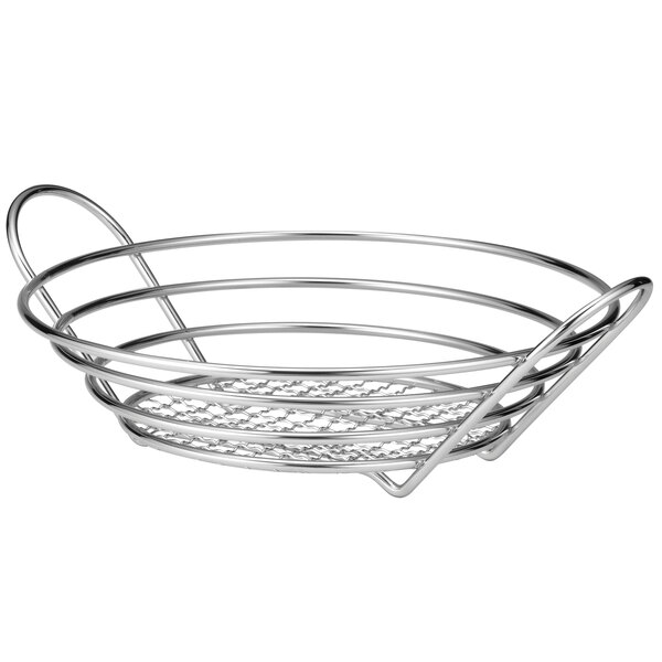 A close-up of a Tablecraft round chrome plated metal basket with a handle.