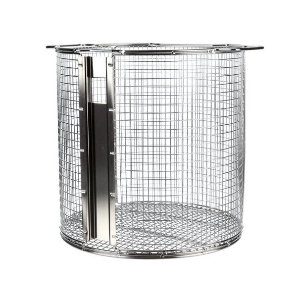 A stainless steel Giles fryer basket with a metal handle.