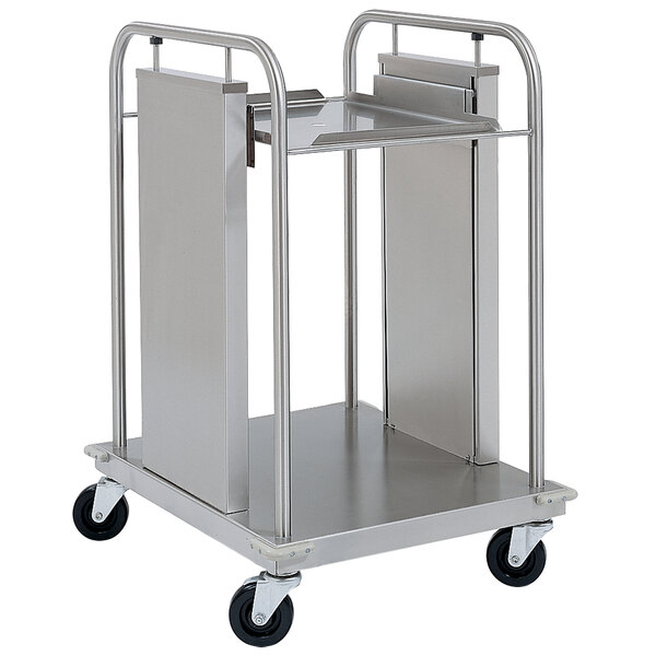 A silver Delfield mobile open frame tray dispenser cart.