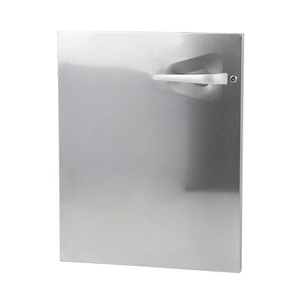 A silver stainless steel Traulsen refrigerator door with a handle.