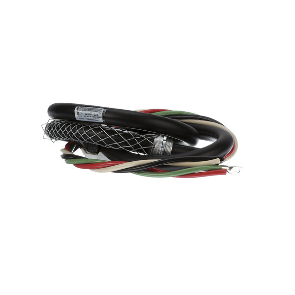 A close-up of a Hubbell 12370-1556 4 wire cable with black, red, and white cables.