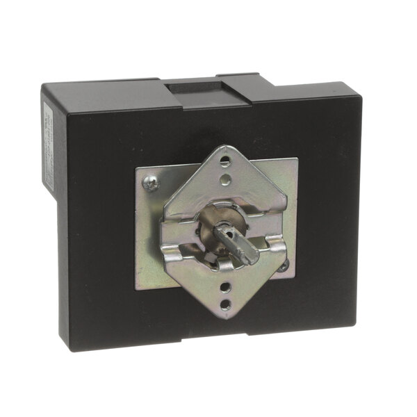 A black square thermostat box with a metal latch.