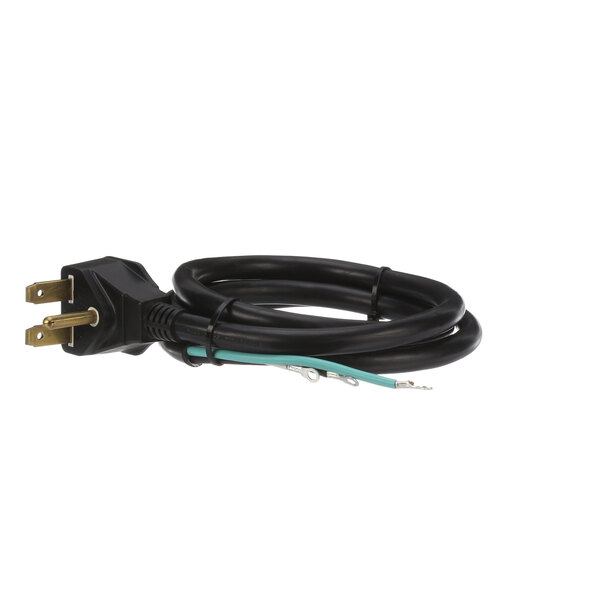 A black electrical cord with a green wire.
